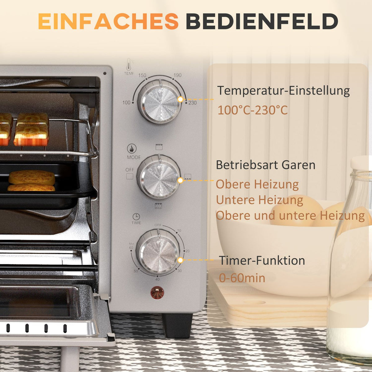 small oven 21L, 100°C-230°C, 1 hour timer, with 3 cooking modes, wire rack, baking tray, stainless steel, 46L x 38.5W x 29H cm, silver