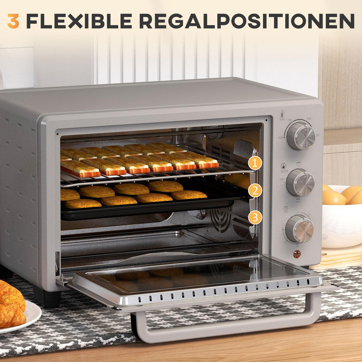 small oven 21L, 100°C-230°C, 1 hour timer, with 3 cooking modes, wire rack, baking tray, stainless steel, 46L x 38.5W x 29H cm, silver
