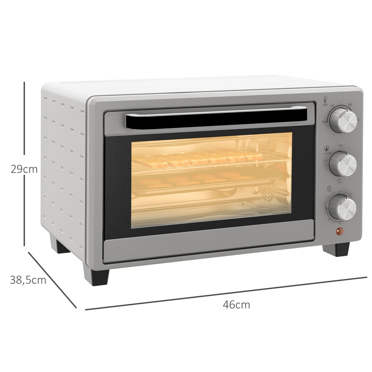 small oven 21L, 100°C-230°C, 1 hour timer, with 3 cooking modes, wire rack, baking tray, stainless steel, 46L x 38.5W x 29H cm, silver