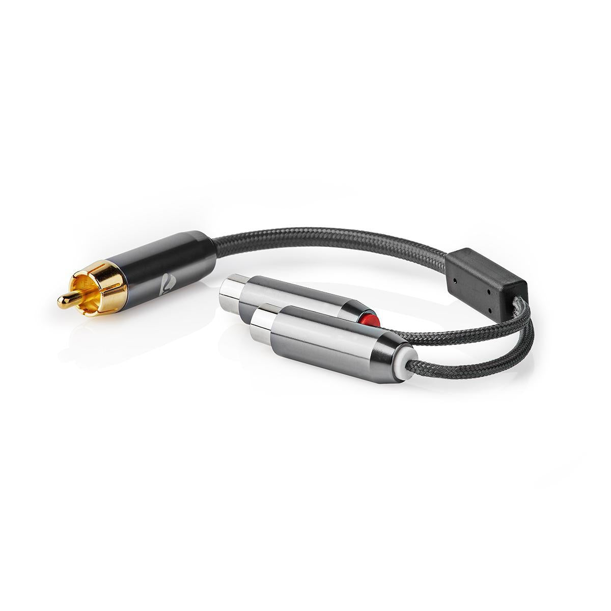 subwoofer Cable | RCA Male | 2x RCA Female | Gold Plated | 0.20 m | Round | 4.5 mm | Gray With Metal | Carton with covered window