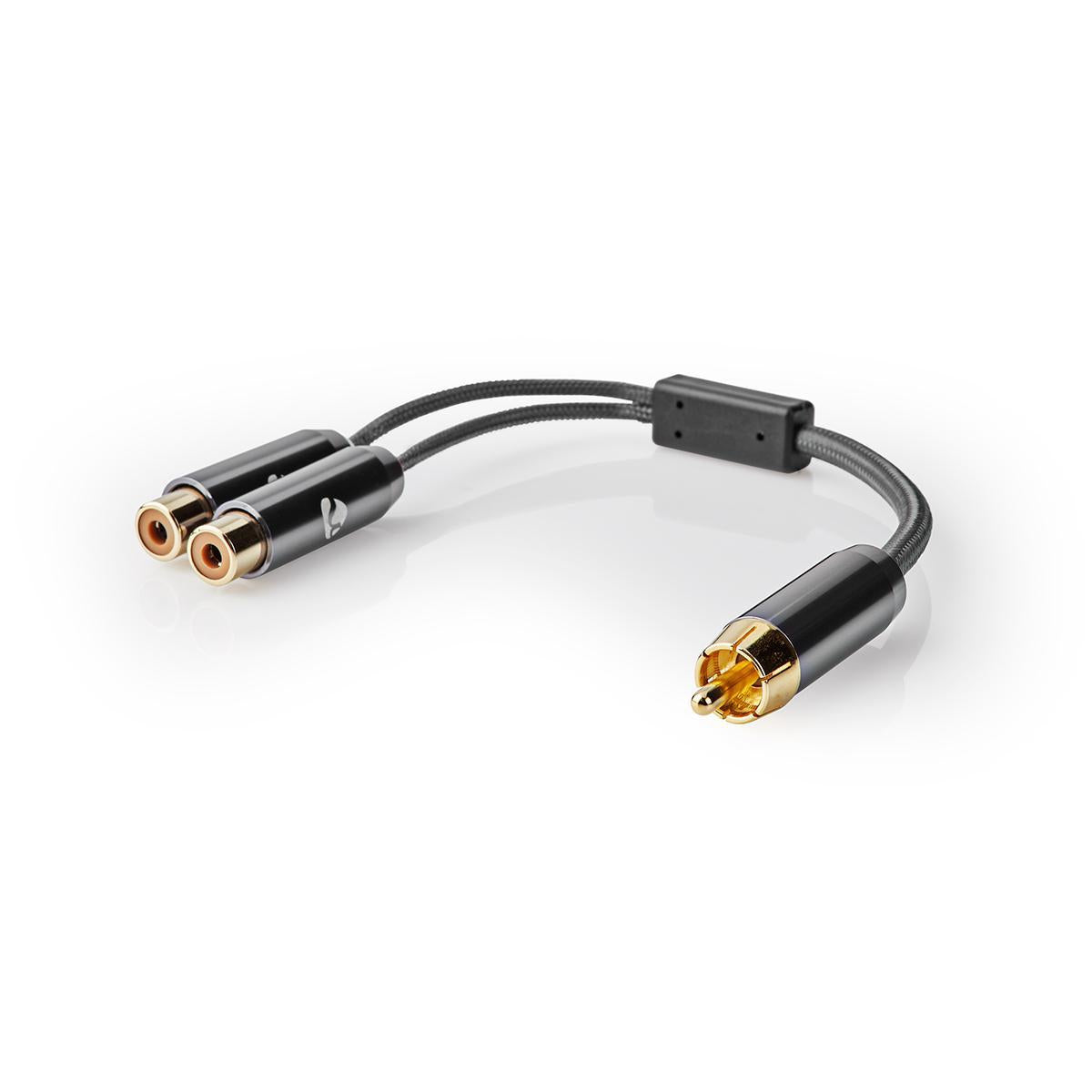 subwoofer Cable | RCA Male | 2x RCA Female | Gold Plated | 0.20 m | Round | 4.5 mm | Gray With Metal | Carton with covered window