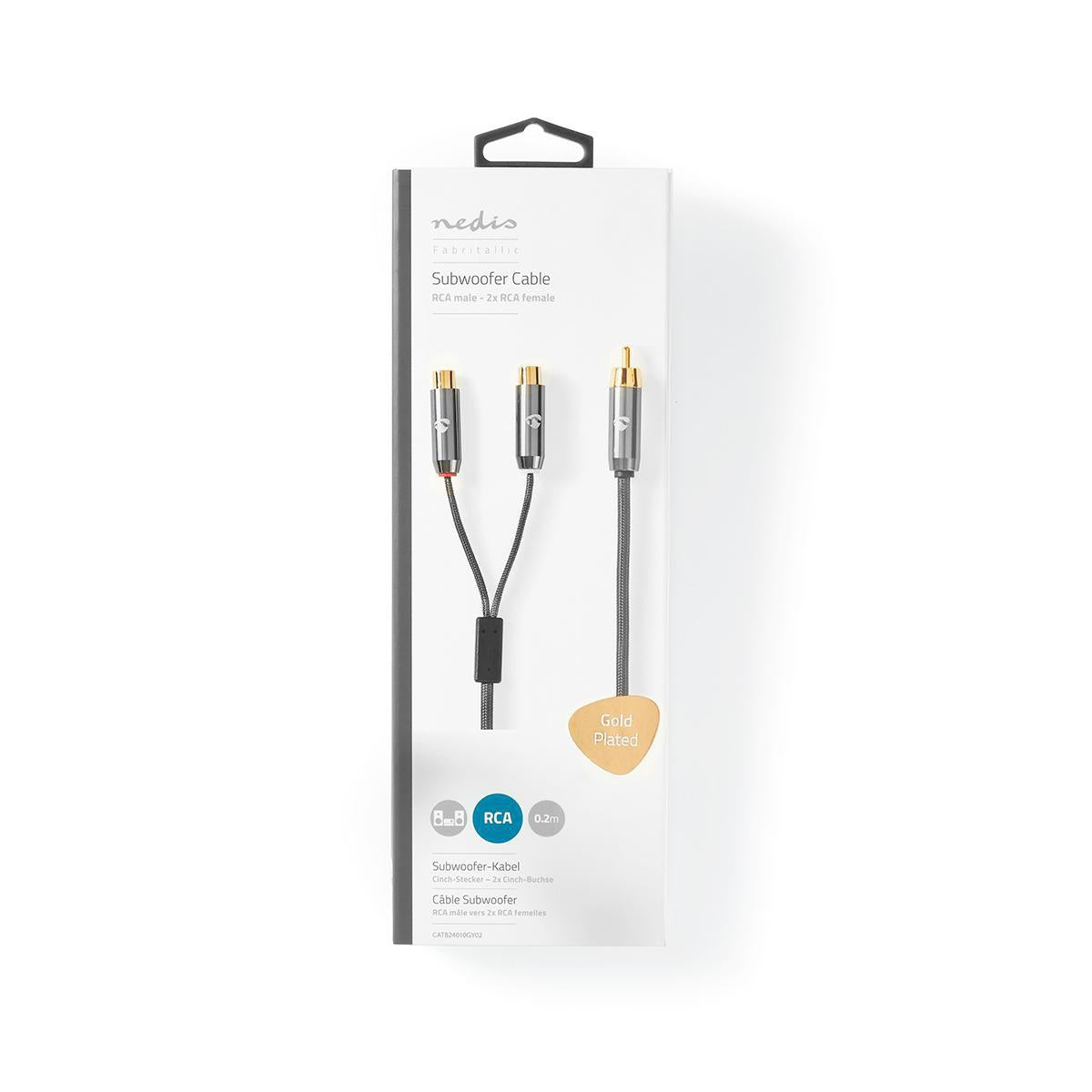 subwoofer Cable | RCA Male | 2x RCA Female | Gold Plated | 0.20 m | Round | 4.5 mm | Gray With Metal | Carton with covered window