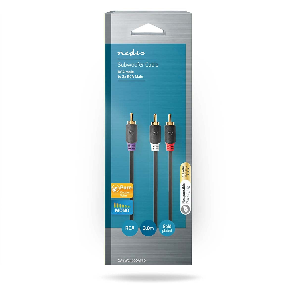subwoofer Cable | RCA Male | 2x RCA Male | Gold Plated | 3.00 m | Round | 4.0 mm | Anthracite | Box