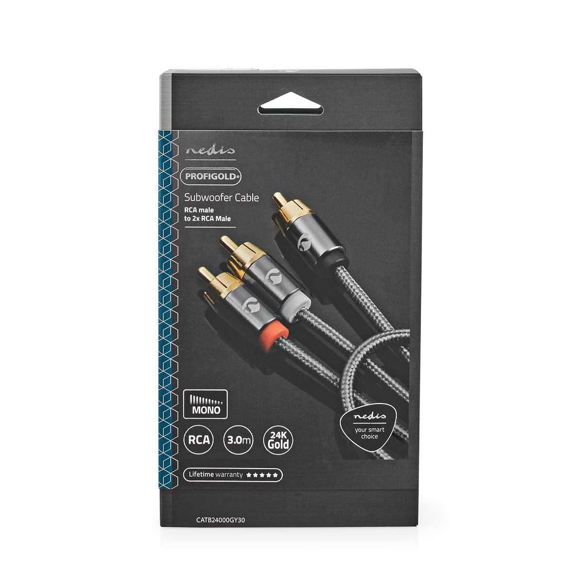 subwoofer Cable | RCA Male | 2x RCA Male | Gold Plated | 3.00 m | Round | 4.5 mm | Gray / Gray With Metal | Carton with covered window