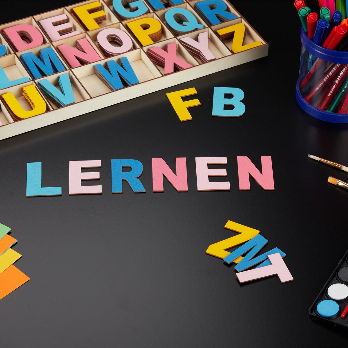 wooden letter set with 208 pieces, colorful