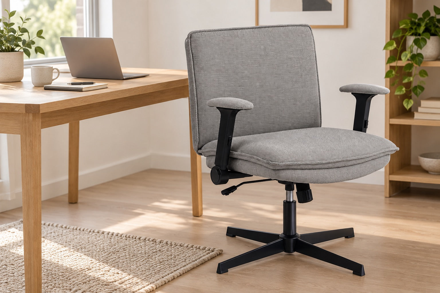 
Lifestyle illustration of the grey office chair in a daylight workspace
