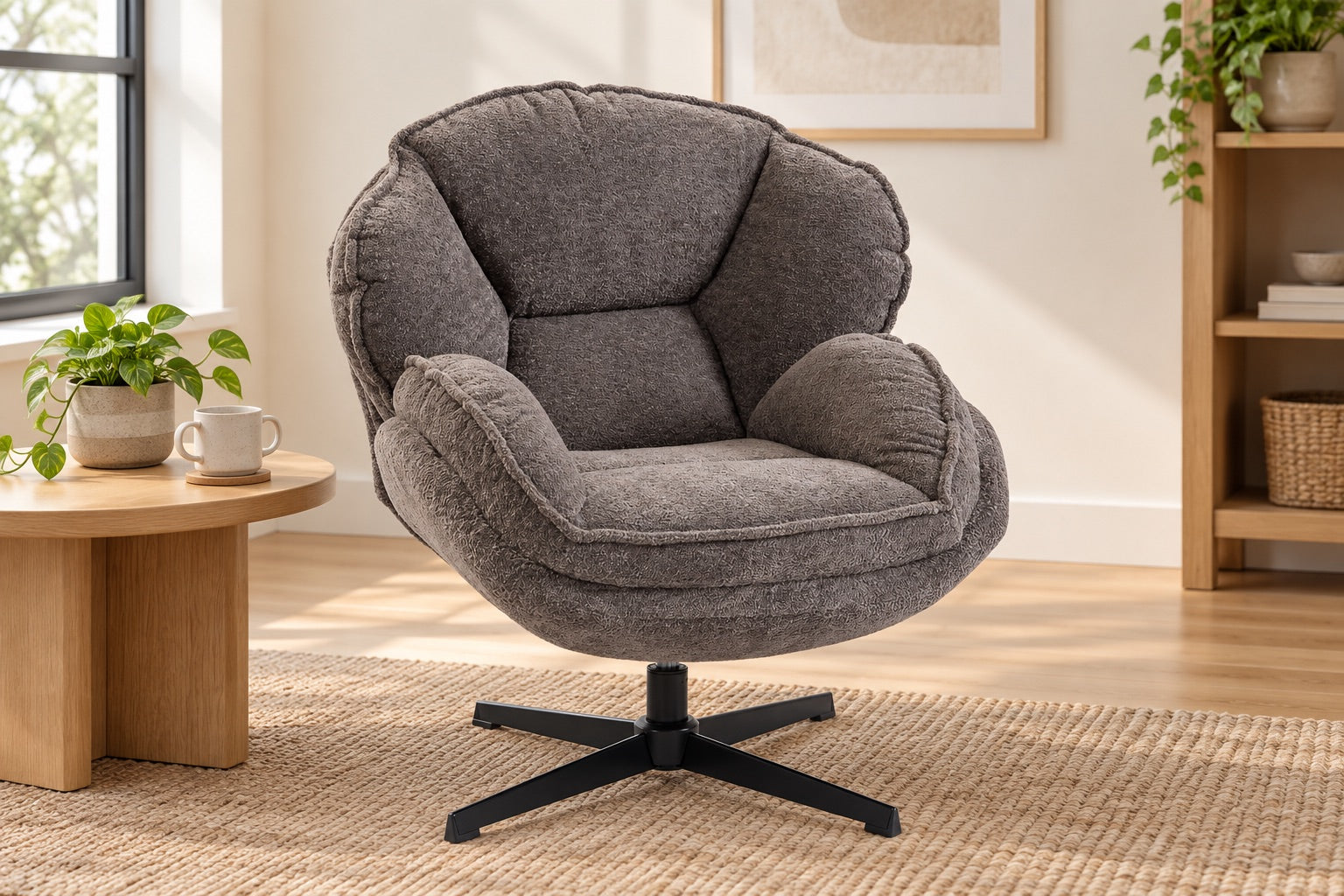 
Lifestyle illustration featuring Wingback Velvet Armchair with 360 Swivel, Grey

